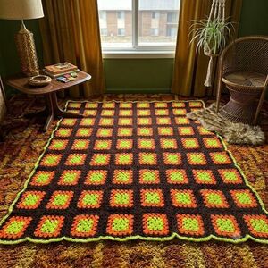 Authentic Vintage 1970s Granny Square Throw Blanket Earth Tone Retro Crochet